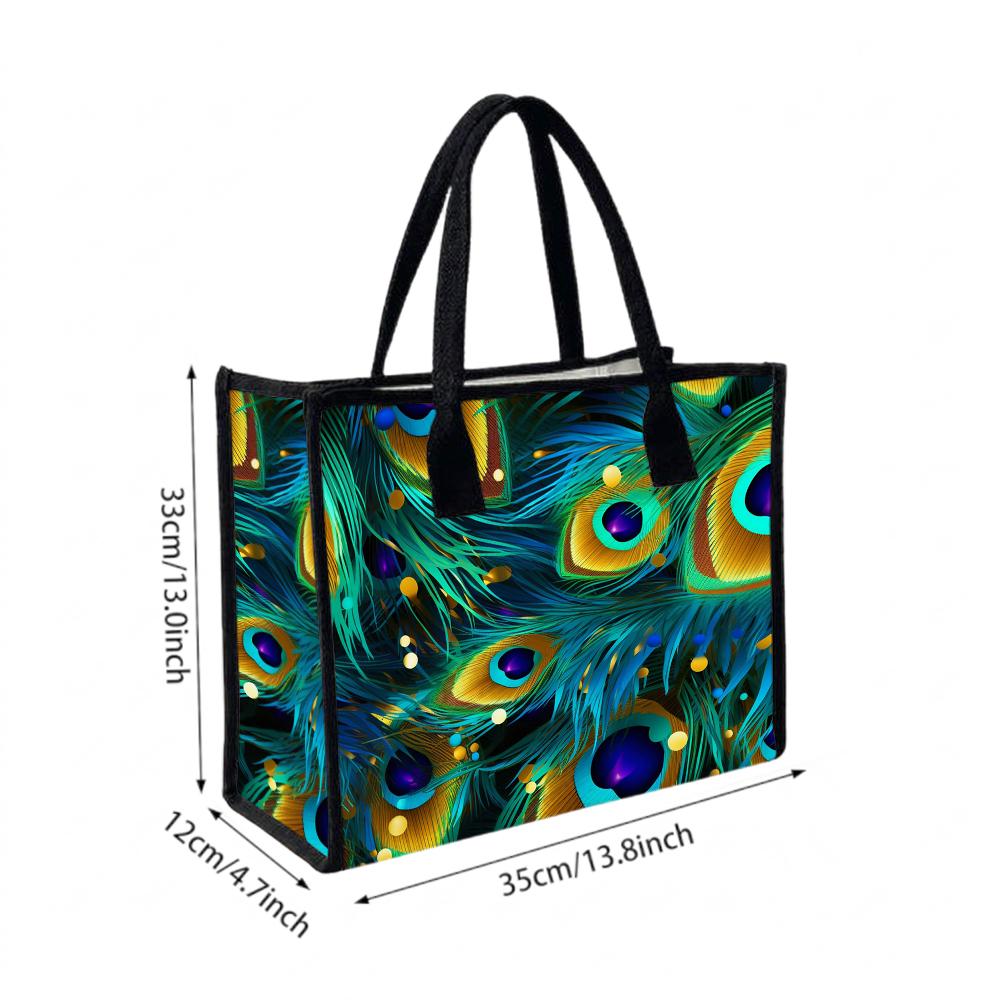 Peacock Feather Pattern Tote Bag Stylish Daily Carry Handbag for Women Trendy Portable Commuter Shoulder Bag