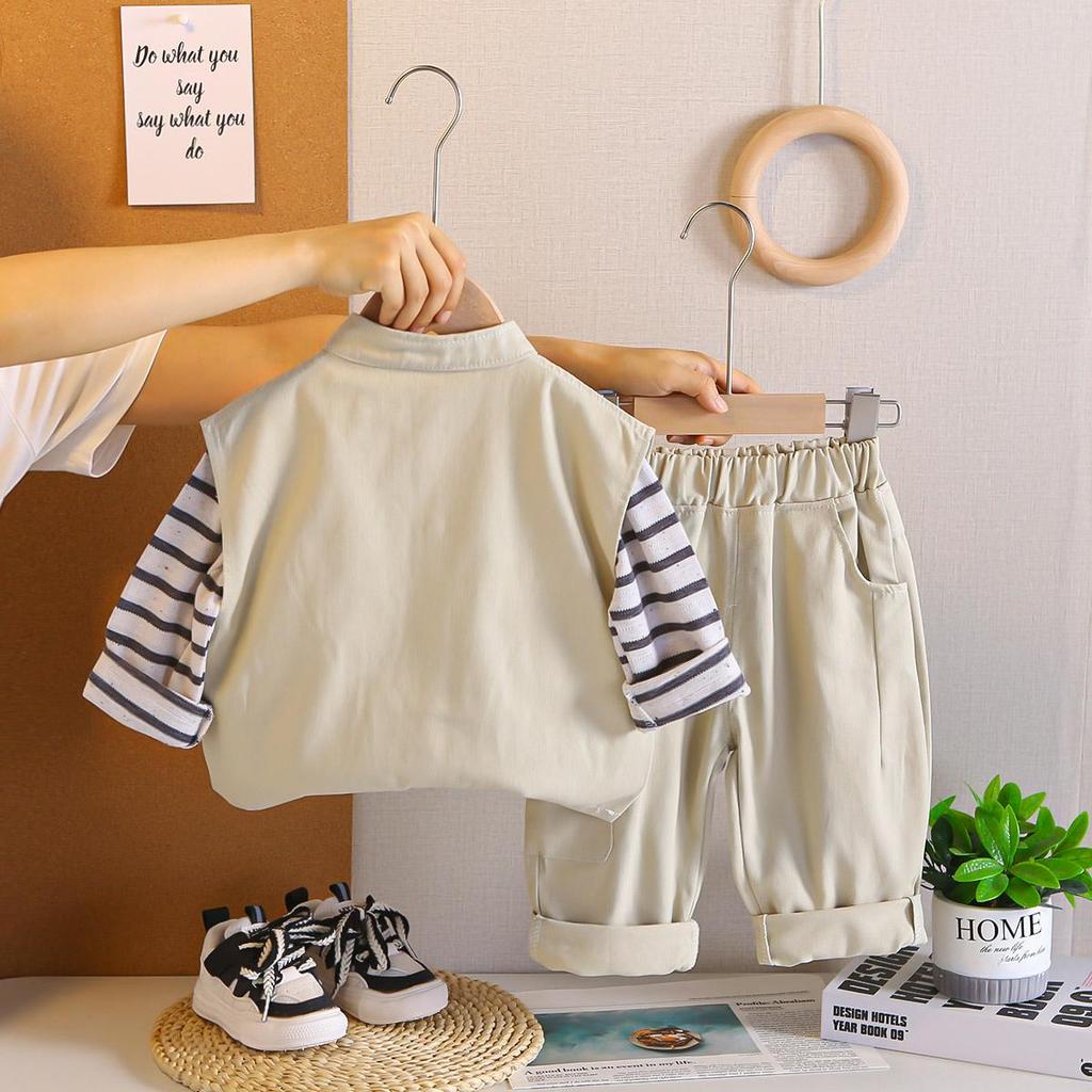 Dreiteiliges Langarmset für Jungen im Alter von 0 bis 5 Jahren, Kinder-Arbeitswesten-Set, Gestreiftes Oberteil+Arbeitshose