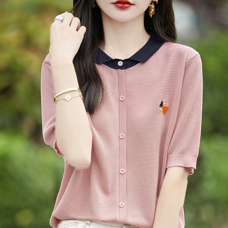 Tennis Doll Collar Short-sleeved Fashionable Versatile Knitted Base Shirt for Women High-end Minimalist Style High-end Embroidered Half-sleeved Top