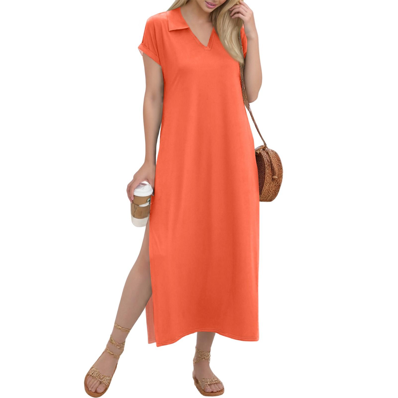 

Женское длинное платье-рубашка с V-образным вырезом, повседневное, с коротким рукавом и свободным разрезом L темно-синий