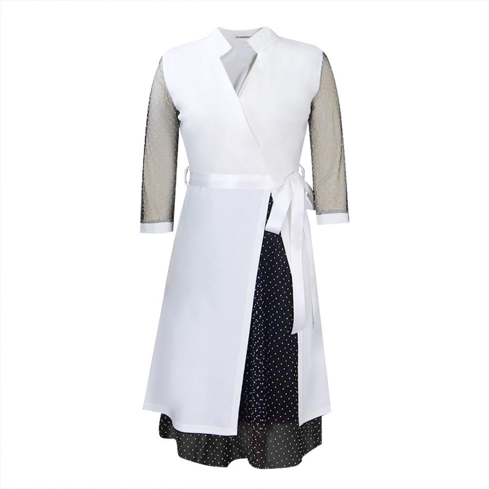 

Большой размер, женское модное весенне-осеннее сетчатое платье с v-образным вырезом, женское цельное платье в горошек с разрезом S белый