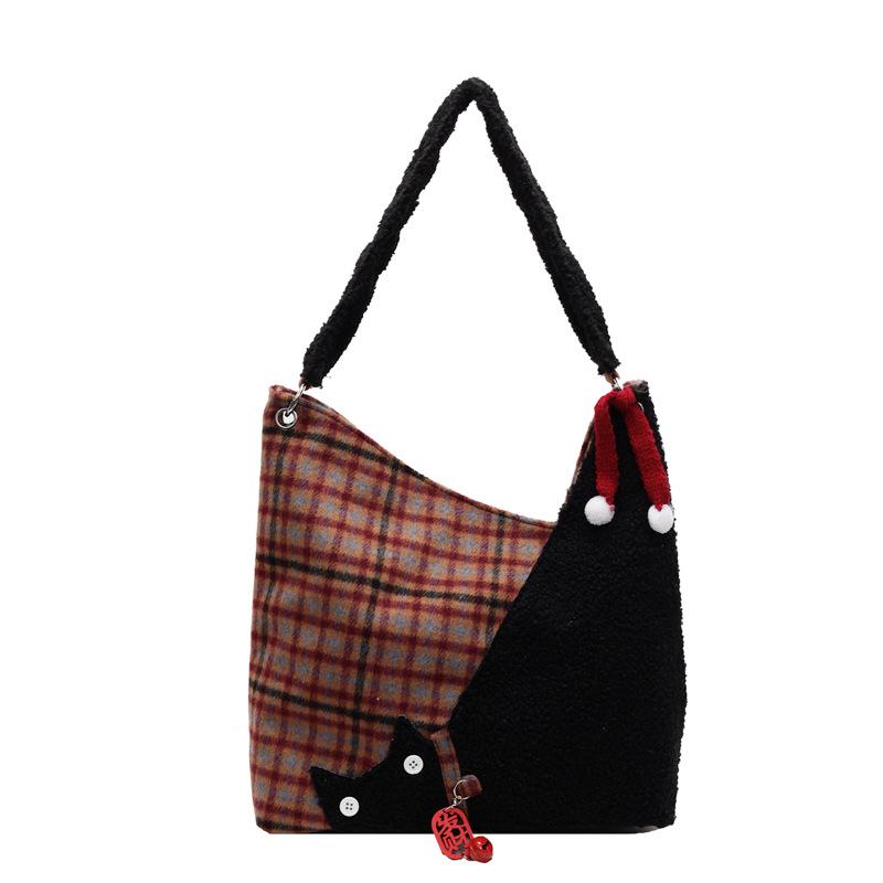 Woolen plaid large-capacity bag women's 2025 new cute versatile shoulder bag winter retro underarm tote bag