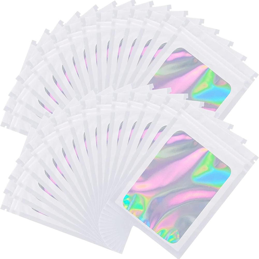 50pcs Holographic Laser Mylar Bags - Thick, Smell Proof, Zip Lock Pouch for Jewelry, Gifts, Retail Storage