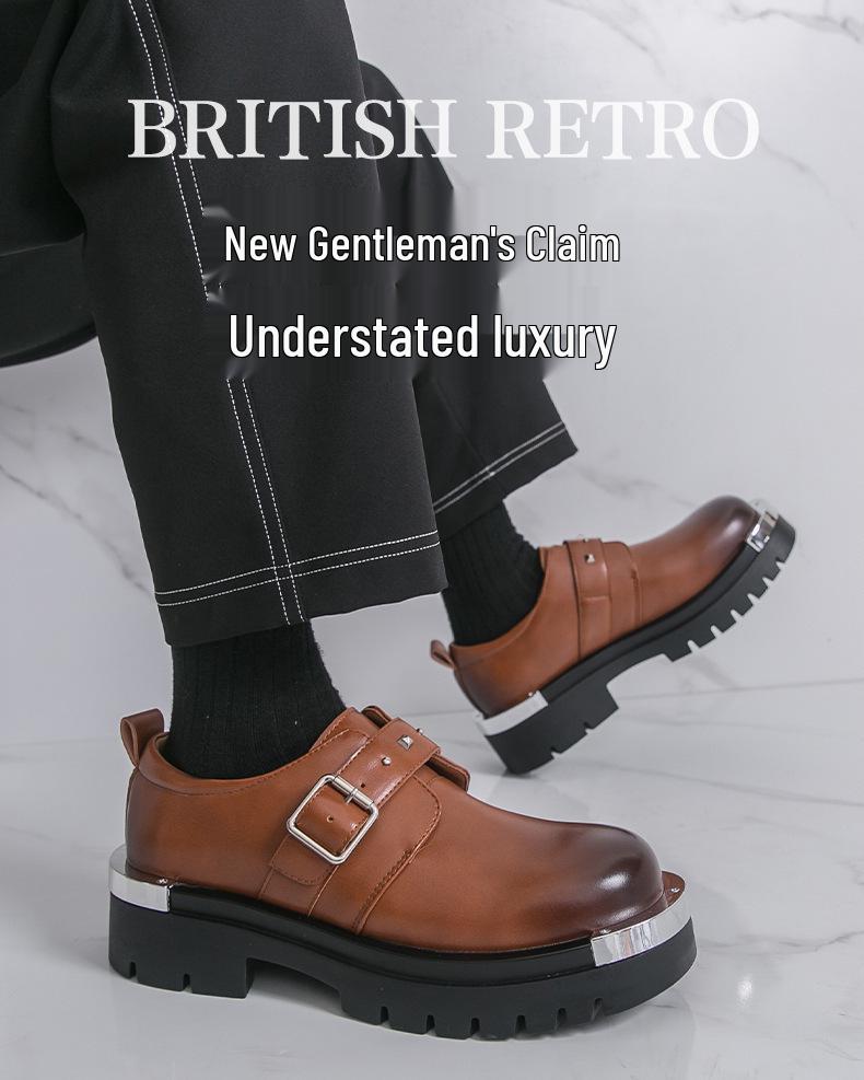 Men's Plus Size Leather Shoes - Autumn/Winter, Thick Sole, Height Increasing, British Style, Casual Buckle Trend