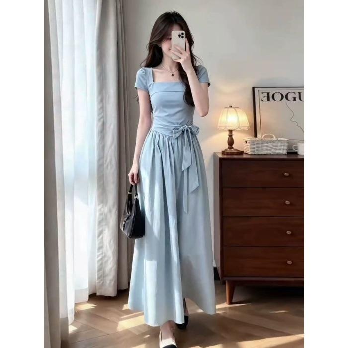 French Gentle Wind Square Neck Blue Dress Women's Summer New Bow Waist Skinny Long Dress Skirt