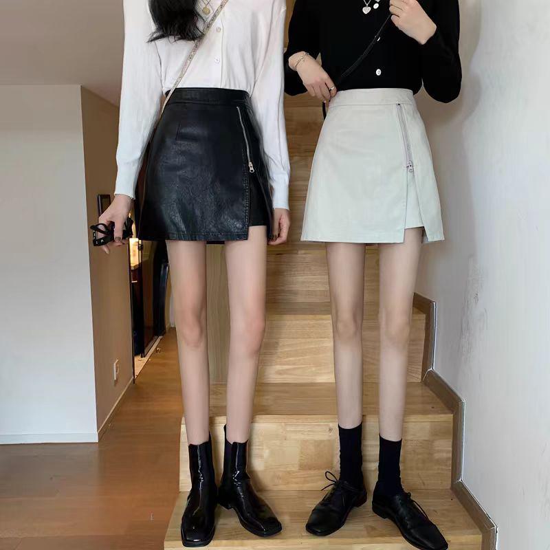 Korean Style High-Waist Irregular Zipper PU Leather A-line Midi Skirt for Women, 2025 Collection