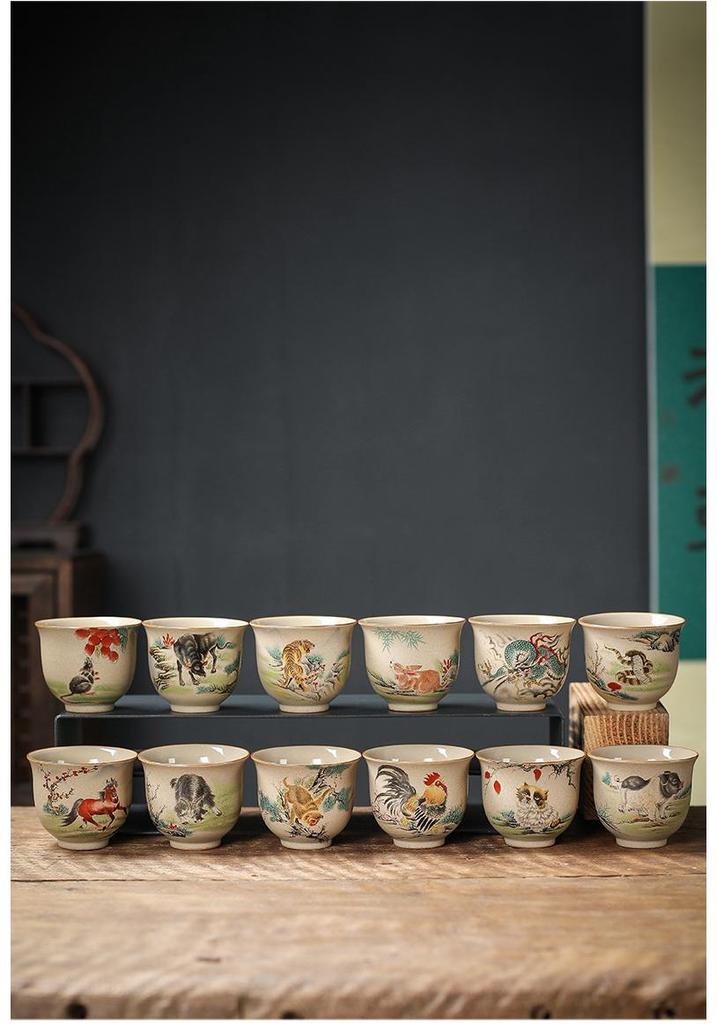 Hand-Painted Zodiac Tea Tasting Cup Set - Retro Style Chinese Handmade Master Cups