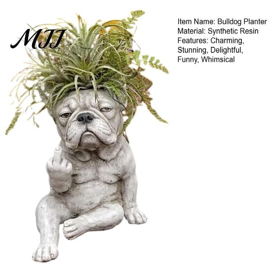 Small Plant Pot Bulldog Dog Planter Funny Middle Finger Resin Flower Cute Whimsical Container Animal Shaped for Home Office Desk Garden Decor