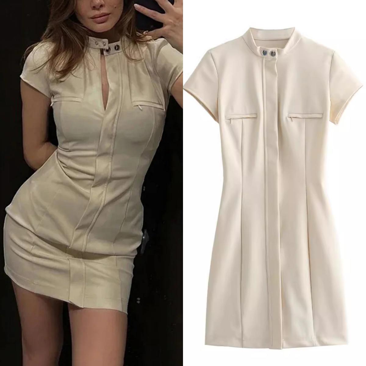 

Элегантное мини-платье на молнии для женщин, лето 2024, с коротким рукавом и пуговицами, плиссированные бедра, пакетные платья, тонкое женское однотонное платье, платье