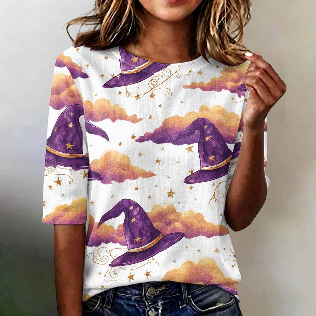 Women Casual Loose Fit Short Sleeve T Shirt Round Neck Lightweight Halloween Pumpkin Web Pattern Top