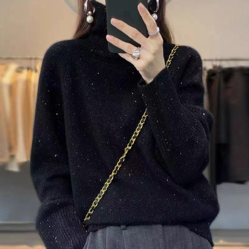 Loose sequined turtleneck thickened casual solid color sweater women's winter new base two lapel knitting