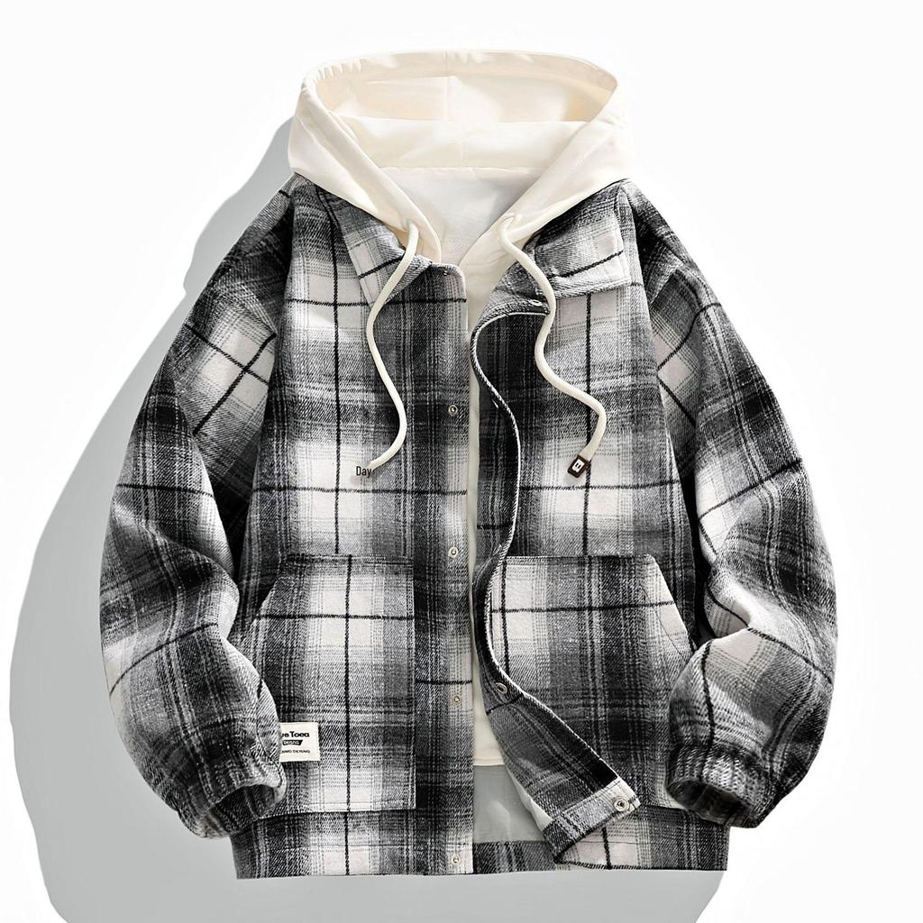 2025 Autumn Men's Retro Plaid Hooded Fake Two-Piece Casual Jacket