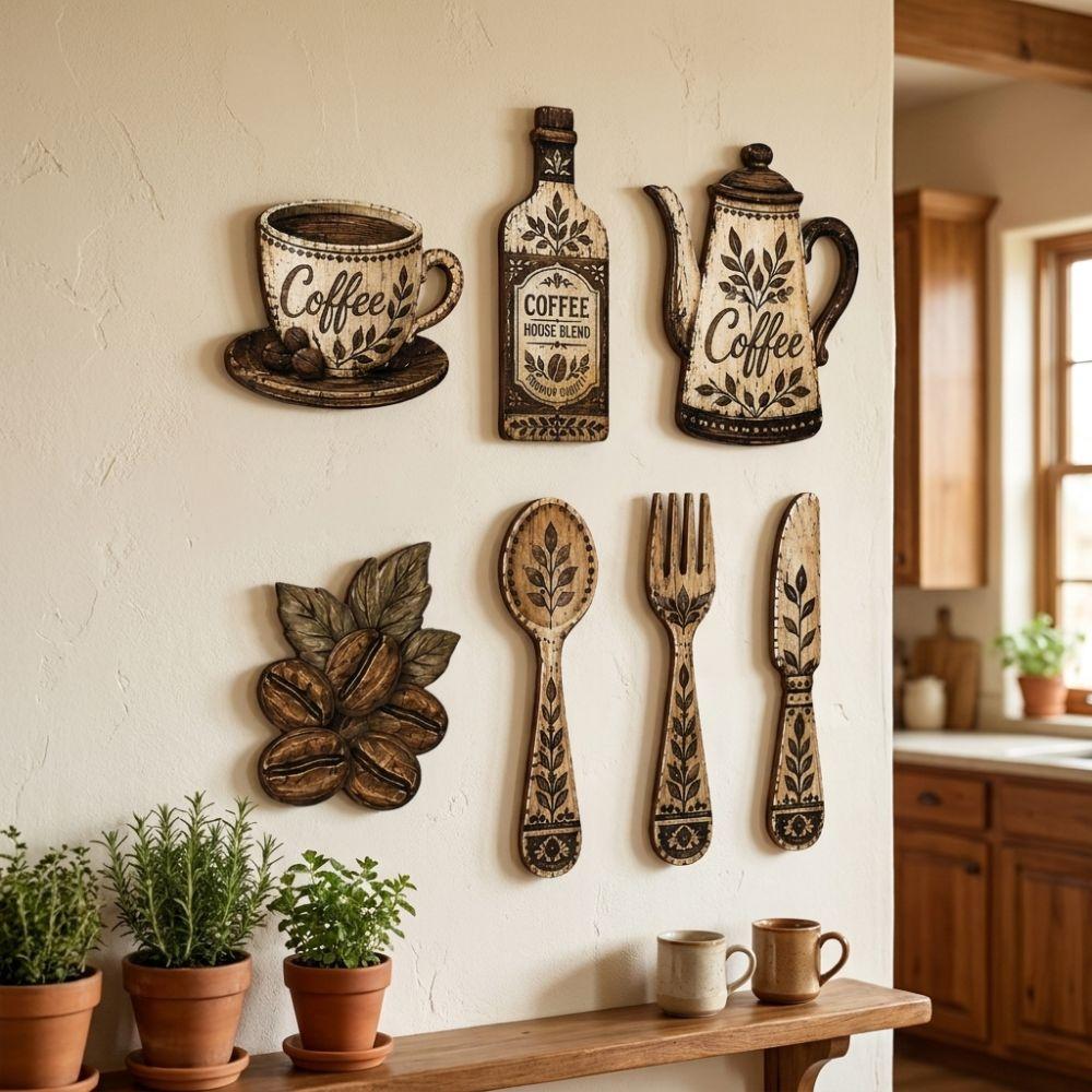 7Pcs Vintage Coffee Utensil Wooden Ornament Dining Room Wall Decor Set For Home Kitchen