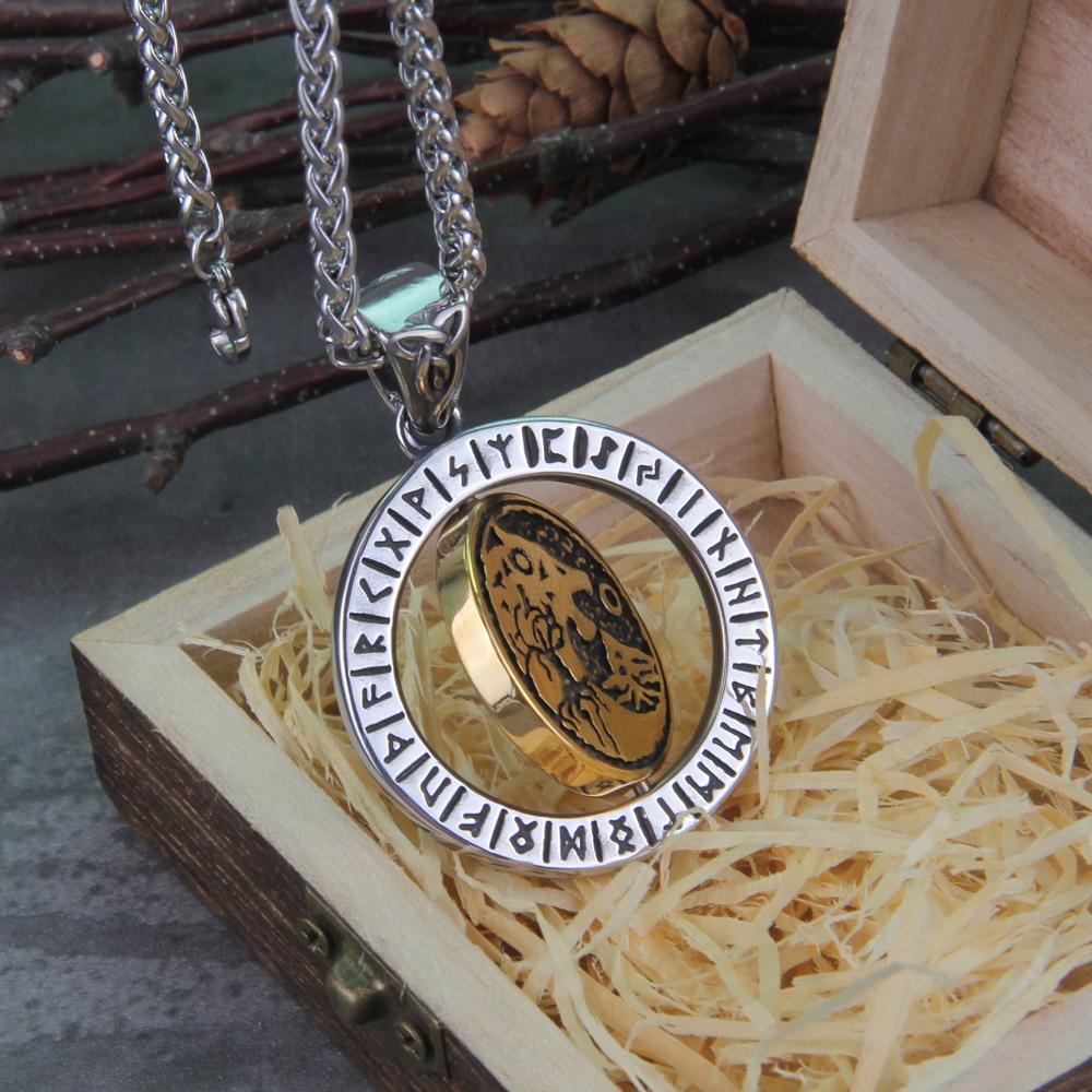 Rotating Wolf Viking Rune Necklace Stainless Steel Chain Tree of Life Pendant Men Gift with Wooden Box