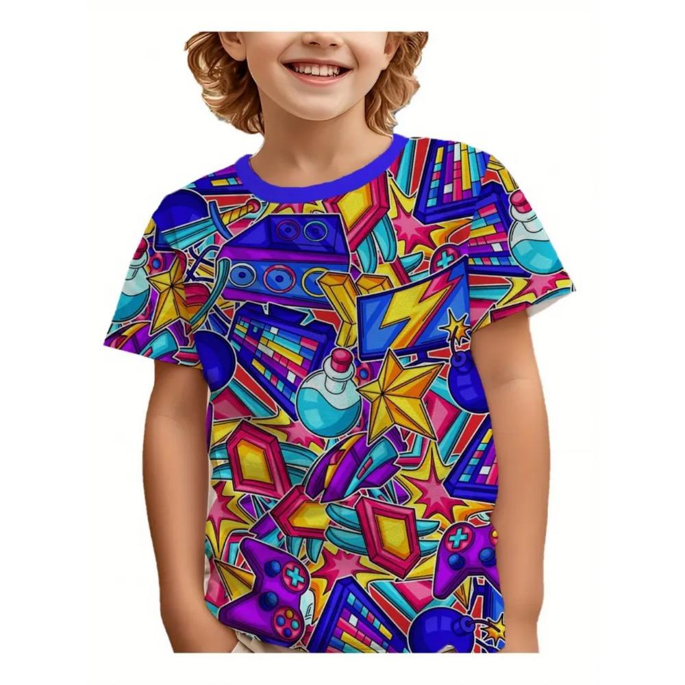 Children's Clothing T-shirt, Boys' Moon Pattern 3D Printing, Streetwear, Short Sleeved Top, Children's Quick Drying T-shirt