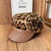 Mohair leopard print splicing leather brim octagonal hat children autumn and winter warm face ducktongue newsboy painter hat