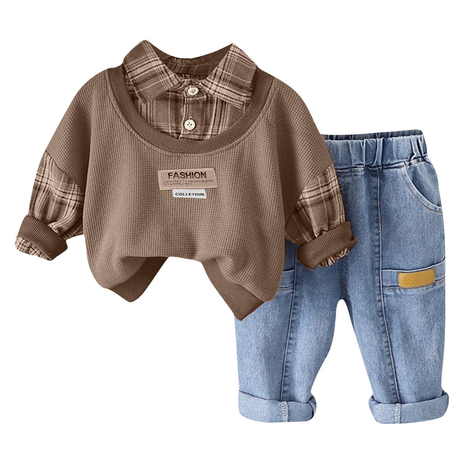 

Костюм для мальчика, детский клетчатый комплект из двух предметов, длинный рукав, длинные брюки, комплект из двух предметов 100 коричневый