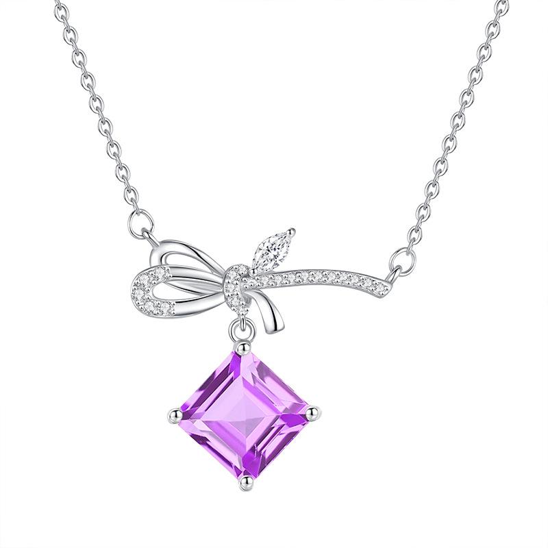 Bow Necklace 925 Silver Women Niche Design Light Luxury Natural Crystal Stone Sugar Cube Pendant Clavicle Chain Daily Jewelry Gift
