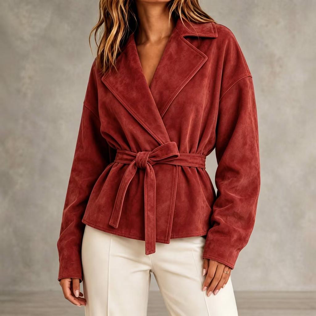 Giacca da Donna in Ecopelle con Collo a Revers e Cintura in Vita per Uso Quotidiano Casual
