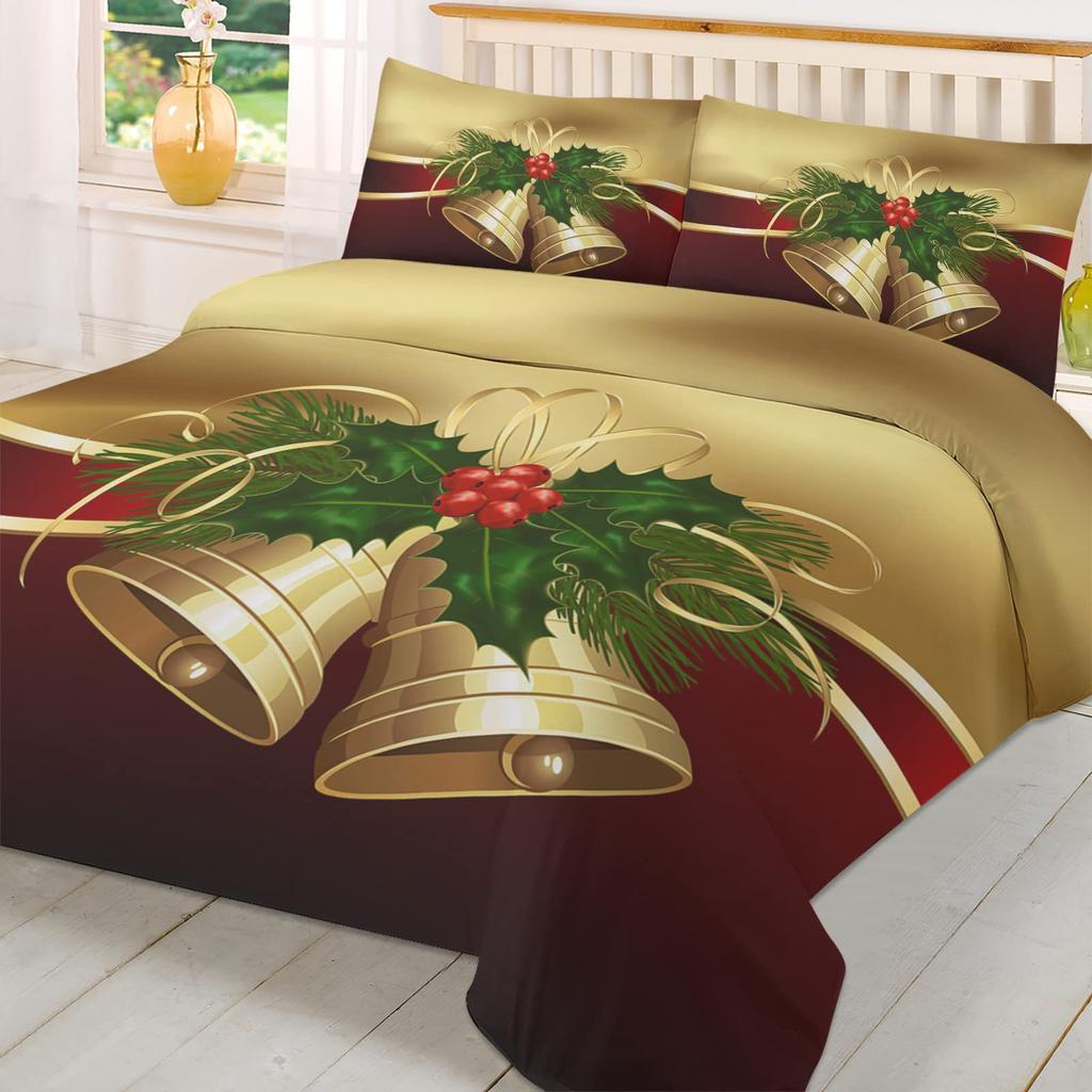 Christmas golden bell red ribbon three-piece quilt cover 3D digital printing bedding set
