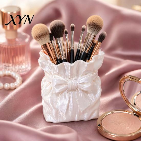 Bow Makeup Brush Holder Satin Bag Holder, 3D Printed Beauty Tool Organizer for Desk, Large Bowknot Pouch Pencil Storage Container Powder