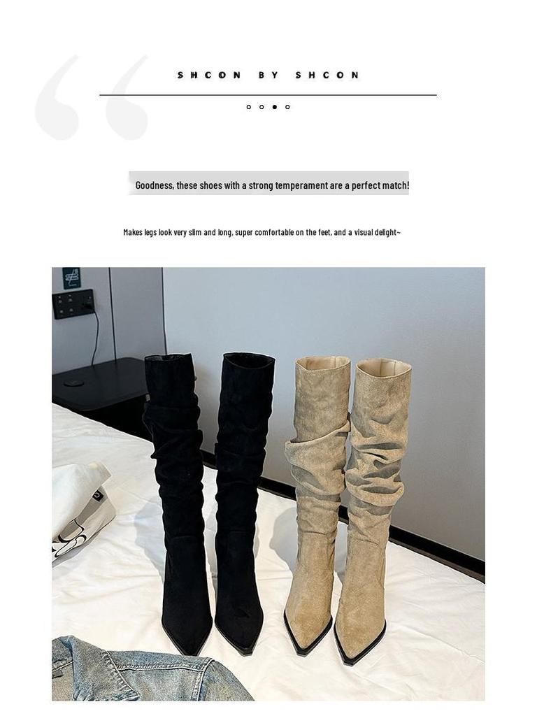 9800-1 Trendy Pointed-Toe Thigh-High Stiletto Boots for Women - Fall/Winter Faux Suede