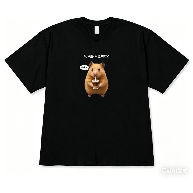 Korean Lucky Hamster Short Sleeve Printed T-shirt for Men and Women Cute Kawaii Hamster Emoji Pattern Summer Casual T-shirt