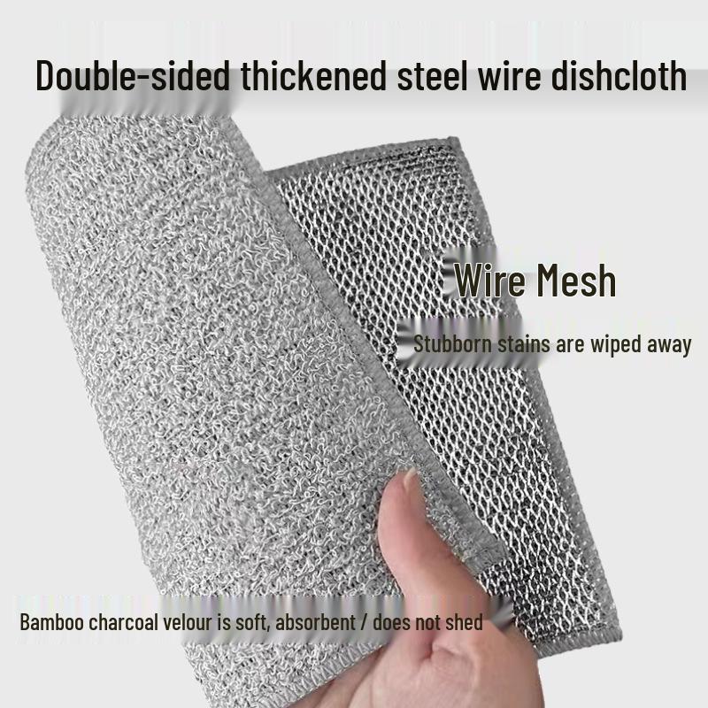 Oil-Repellent Bamboo Charcoal Dishcloth & Steel Wire Brush with Coral Fleece Mesh