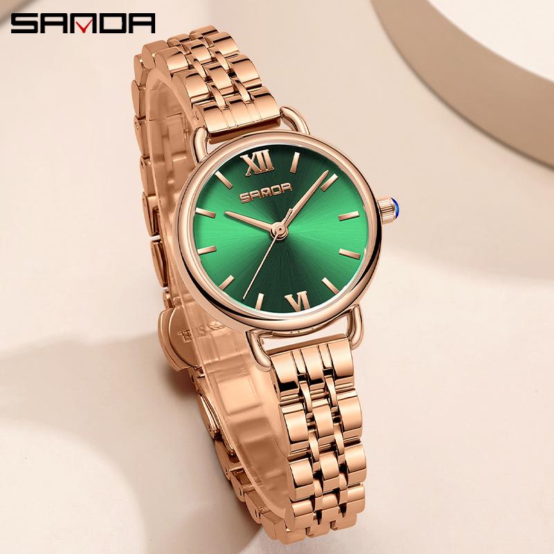 Sanda Women's Fashionable Quartz Watch - Simple Ins Style, Light Luxury, Small Round Green Design