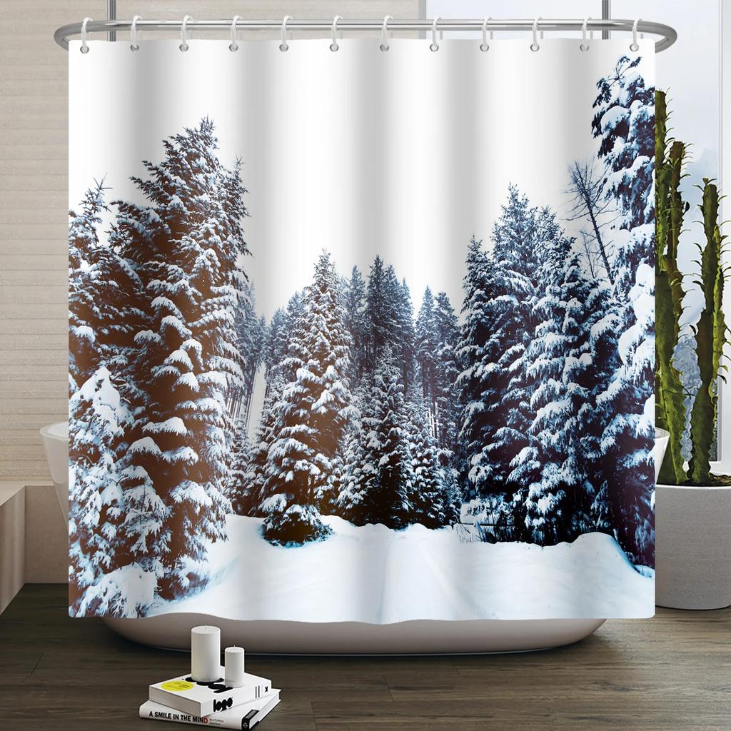 Christmas Shower Curtain Xmas Tree Winter Forest Snow Cute Snowman Bathroom Shower Curtain Waterproof Bath Curtain With Hook