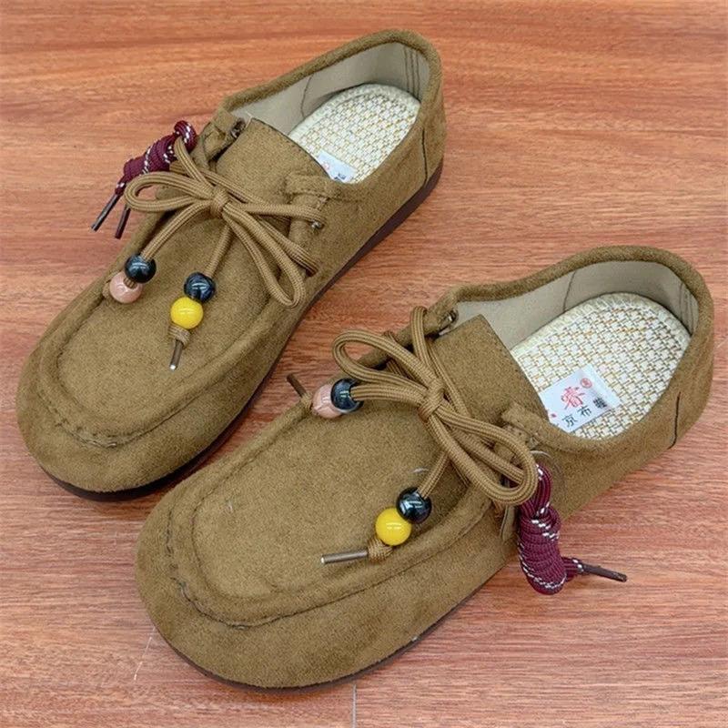 Spring Autumn New Style Old Beijing Cloth Shoes Women Single Shoes Retro Bohemian Slip-On Lazy Bean Shoes round Toe Rubber Sole