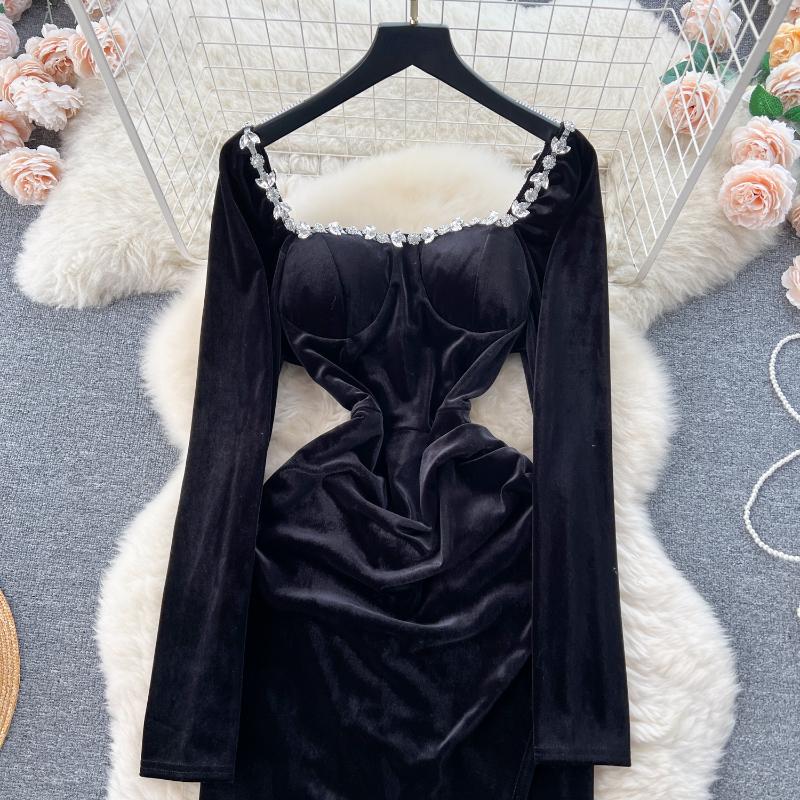 Elegant Square Neck Velvet Split Dress Women Solid Long Sleeve Chic Vintage Clothes Female Korean Fashion Ceremonial Midi Dresses 2024