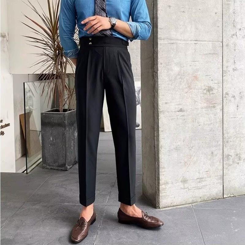 Men's Korean Slim Fit Tapered Trousers Autumn Vintage High Waist Business Solid Color Straight Leg Casual Pants