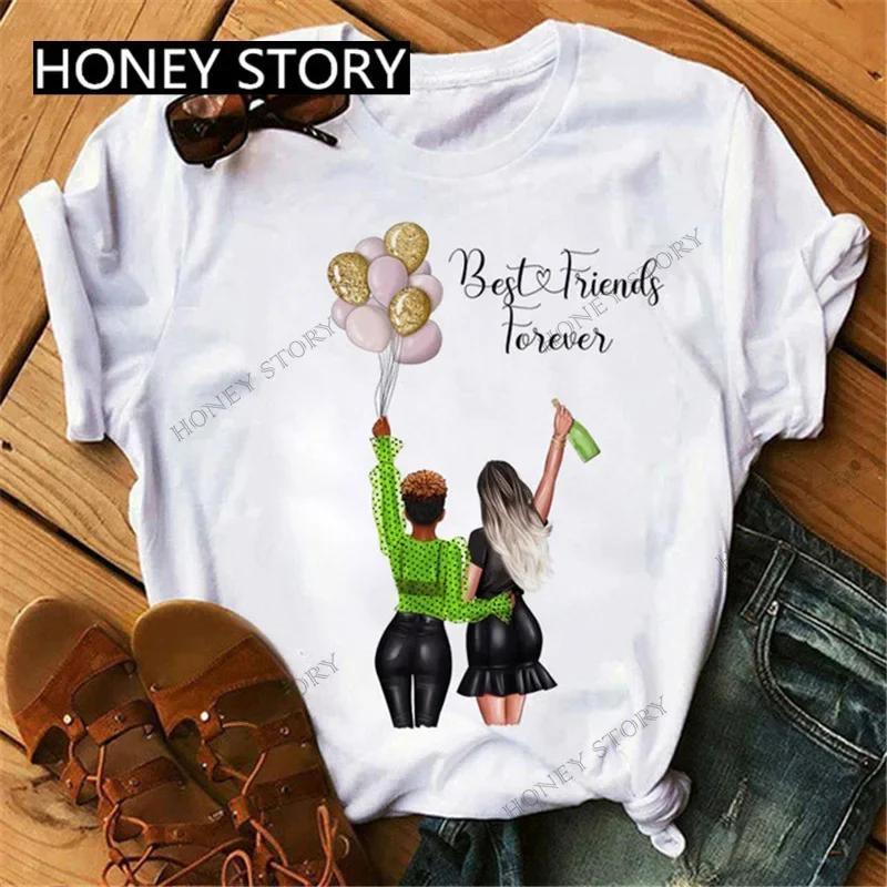 Summer Fashion Best Friends T-Shirt Short Sleeve Graphic Tees for Ladies Good Friend Bestie Sister Outfit Polyester Fabric