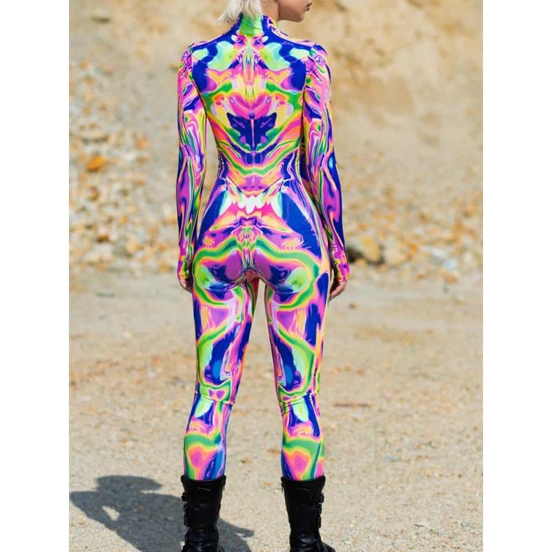 Adult Halloween Colorful Sci-fi Jumpsuit Cyberpunk Bodysuit Burning Man Zentai Suit Holiday Party Morphsuits Couple Rave Outfits