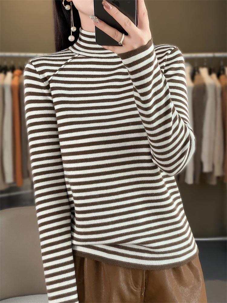 Knitted Sweater with Semi-high Collar, Versatile Long-sleeved Striped Inner Layer for Women, Loose-fitting Pullover Base Shirt