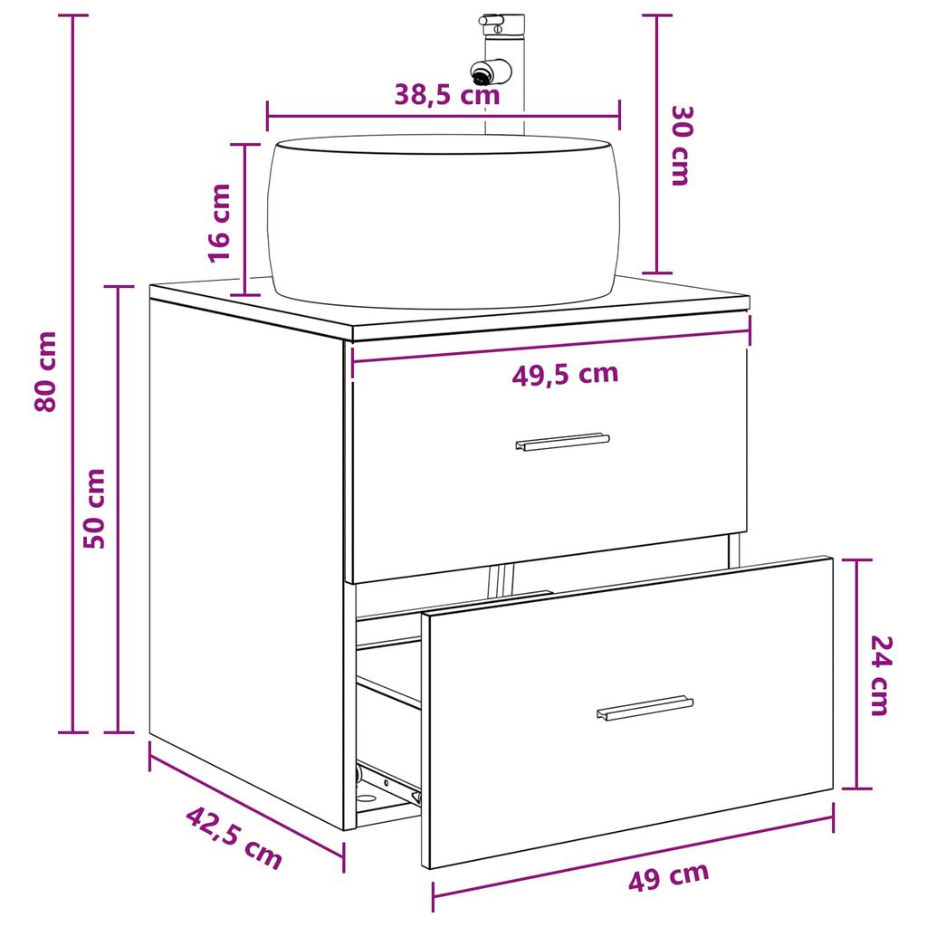 Wall Mounted Wash Basin Cabinet in Concrete Grey 49.5 x 44.5 x 66 cm