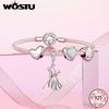WOSTU 925 Silver Pink Heart Charms Lover Couple Wedding Pendant Opal Beads Fit for Bracelet DIY Valentine Gift