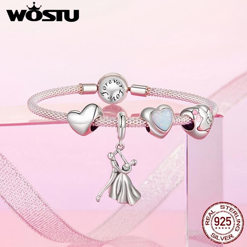 WOSTU 925 Silver Pink Heart Charms Lover Couple Wedding Pendant Opal Beads Fit for Bracelet DIY Valentine Gift