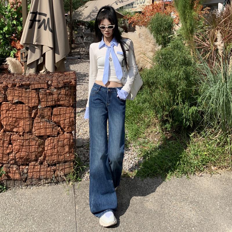 Women's Retro Blue and Gray Low-Waist Flared Jeans, Spring 2026 Collection - Stretch, Slimming, Lengthening Style