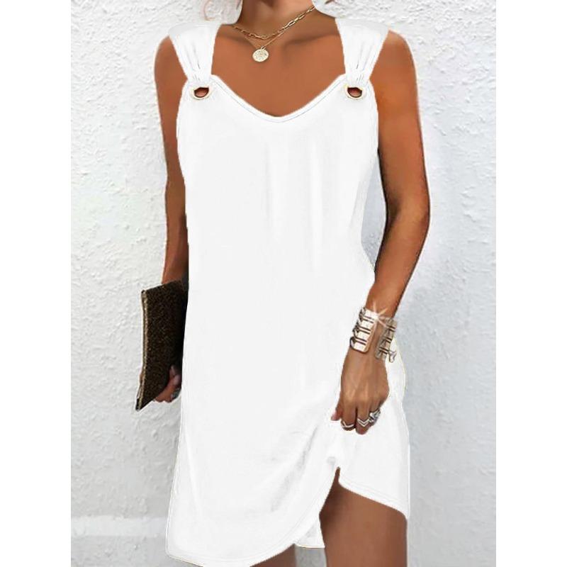 QICED Fashion Summer Spring Solid Color Print Sleeveless V-Neck Casual Dresses
