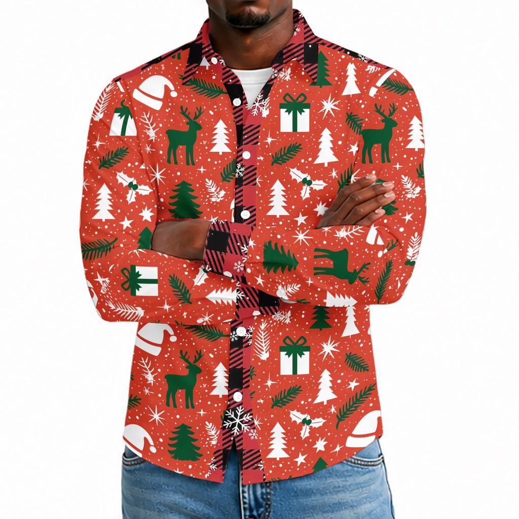 Men's Casual Long Sleeve Shirt with Christmas Print for Spring and Everyday Wear
