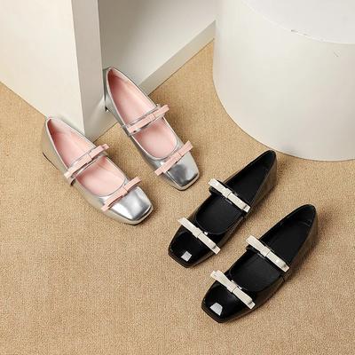 PU Leather Bow Tie Shoes Women Black Flats Mary Janes Shoes Ladies Elegant Square Toe Spring Autumn Silver Loafers New