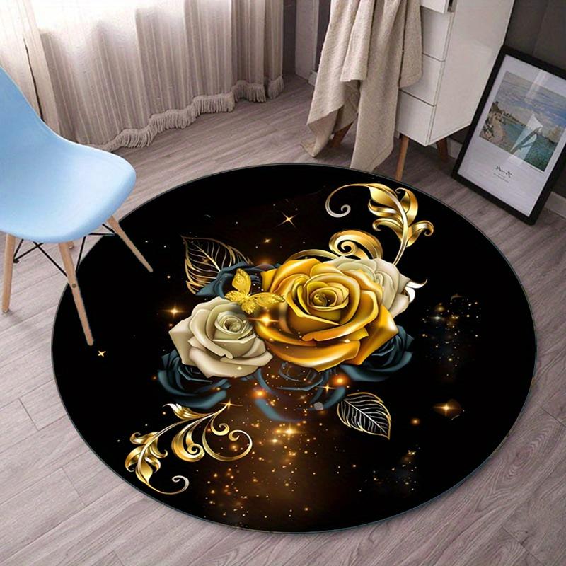 Round Crystal Velvet Rug Gold Rose Flower Art Floor Mat Luxury Elegant Decor Sparkling Golden Pattern Round Carpet forLivingRoom 60cm
