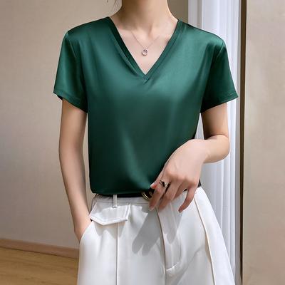V Acetate Long-sleeved Short-sleeved Short-sleeved Short-sleeved T Summer Style Stylish Loose Inner Solid Color Satin Top Shirt