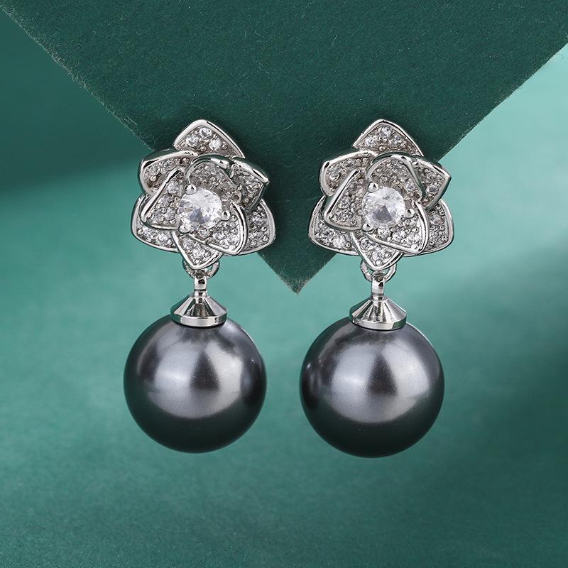 Kamelien-Set 12mm Perlenkette Neu Eingelegte Graue Perlen Kamelien-Perlen-Ohrstecker Kette