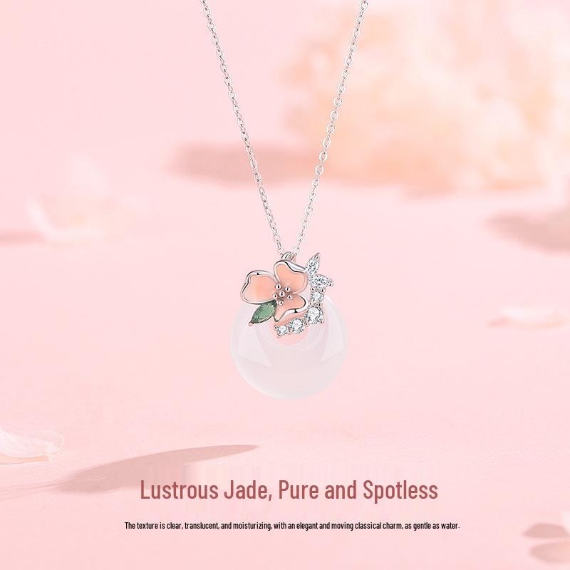 Teqia S925 Sterling Silver Peach Blossom White Chalcedony Necklace for Women S925 Silver