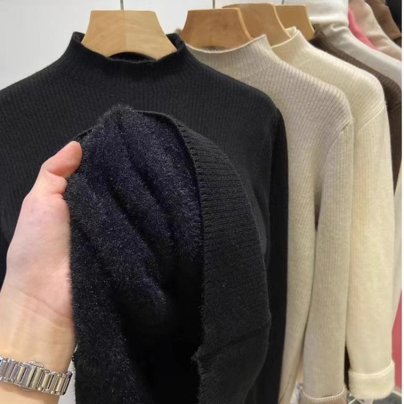 Women's Autumn Winter Half-High Neck Sweater Fleece-Lined Thickened Integrated Fleece Knit Top Warm Inner Wear Base Layer