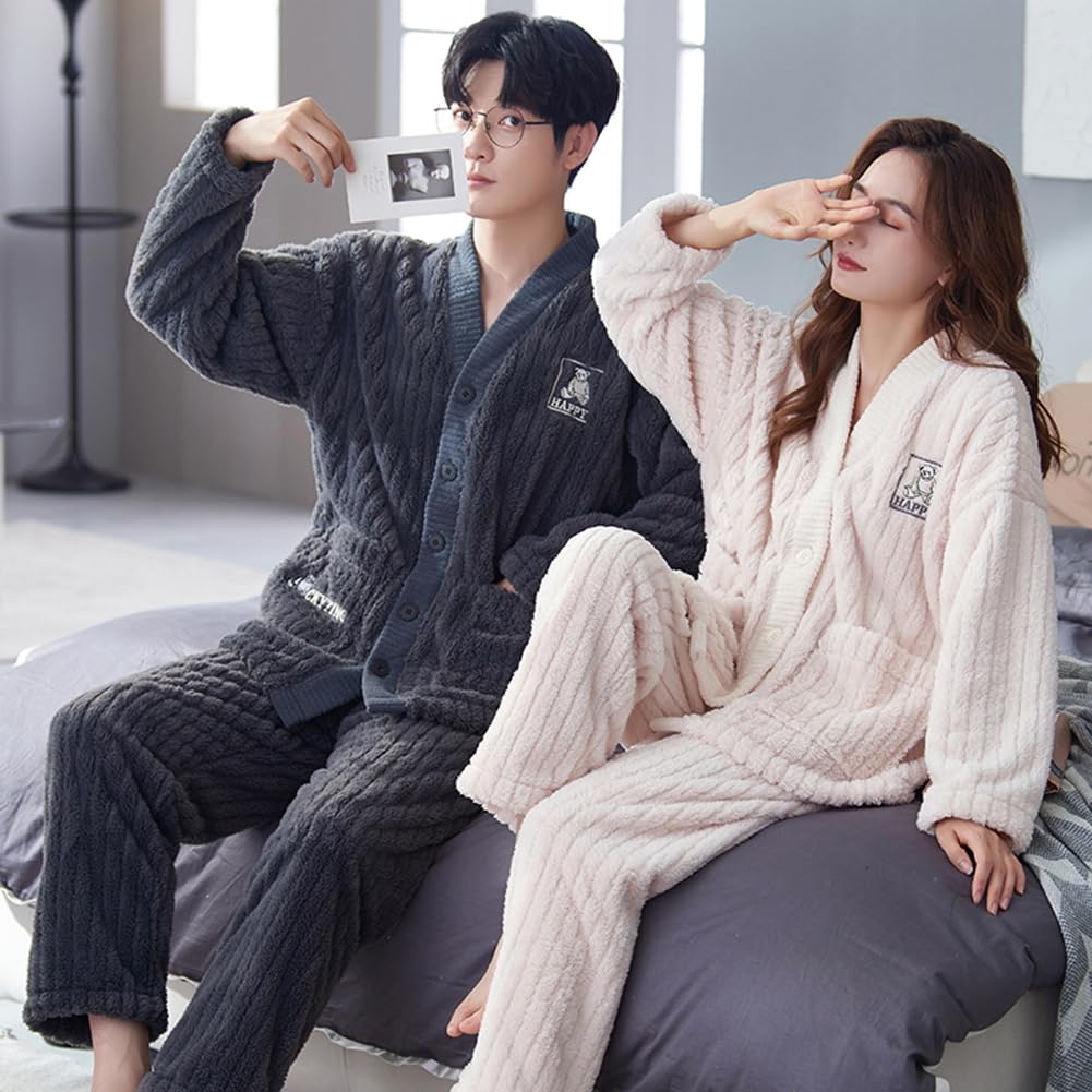 Winter Pajama Fluffy Top and Chill Wedding Unisex D.IIZOO Couple's Set, Bottoms, Open-Front, Thick, Autumn/Winter Loungewear, Protection, Gift, (Size