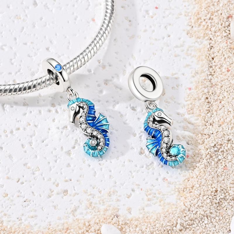 925 Sterling Silver Charms Bead CZ Zircon Blue Seahorse Dangle Fit Original Bracelet DIY Women Jewelry GiftGood Product